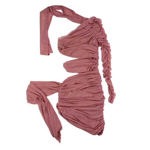 Miss Circle - Ruched Cut Out Asymmetrical Mesh Mini Dress in Pink - Picture 3 of 3